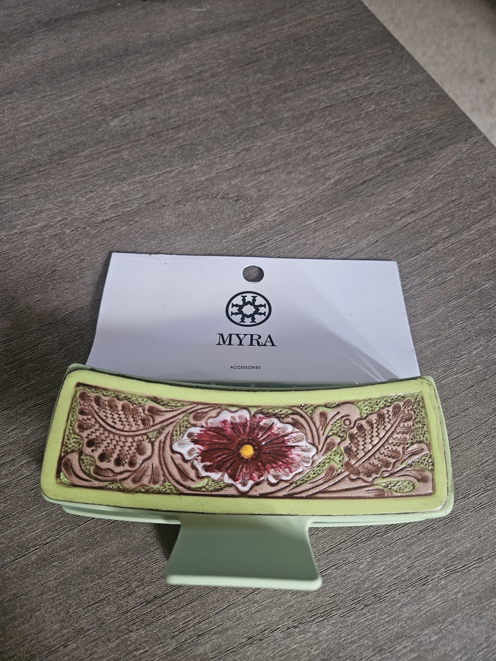 Myra Accessories Green Floral Leather Hair Clip - NWT